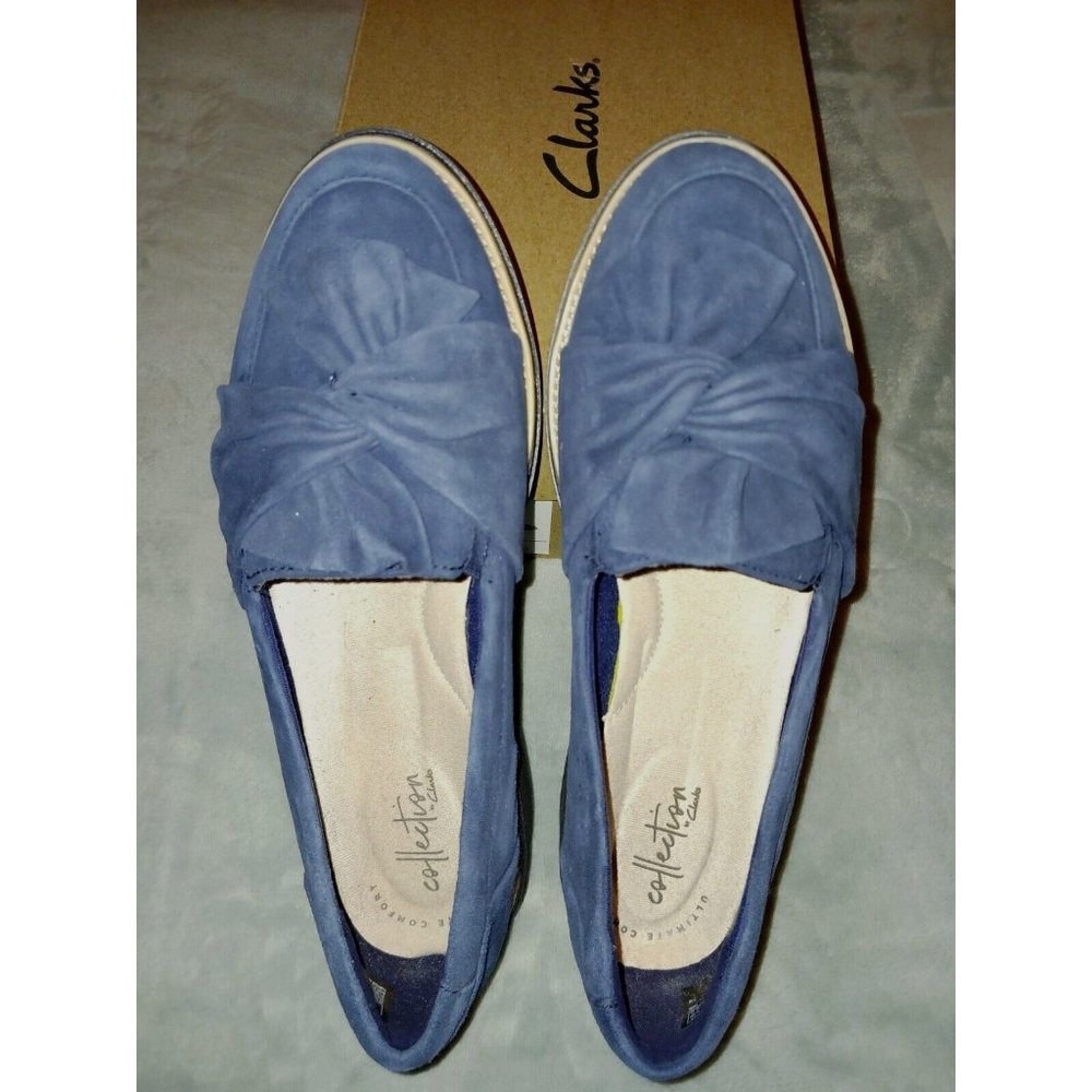 CLARKS 8.5W/39.5 EU Navy Suede Sharon Dasher Loafers w/ Rubber Soles Style 38552